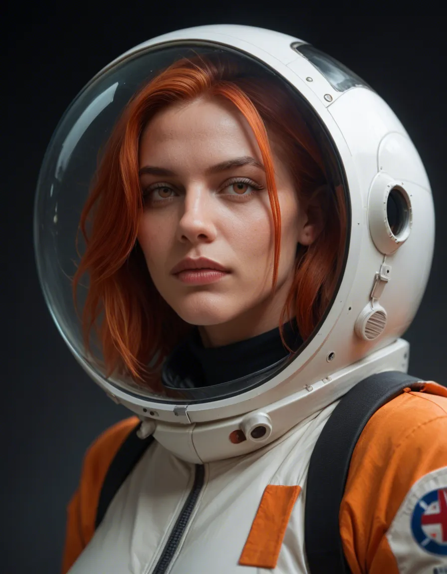 Redhair astronaut woman in orange spacesuit skafander with alien tentacle on her crouch, score_9, score_8, candid photo, realistic skin texture, visible skin pores, film grain, depth of field