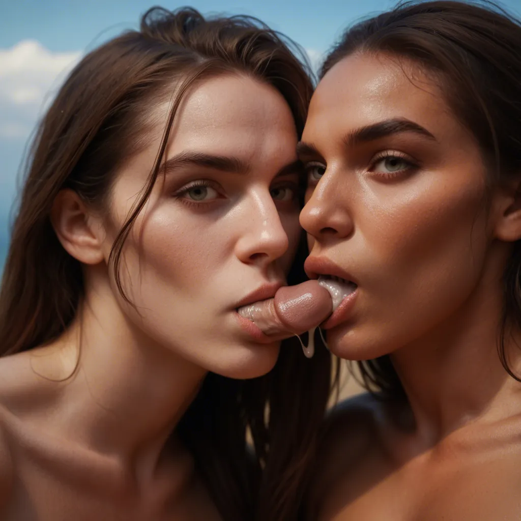 studio quality, sharp focus, 2women, colored skin, elbow gloves, creampie, sky, close-up, film photography, nude sucking penis women