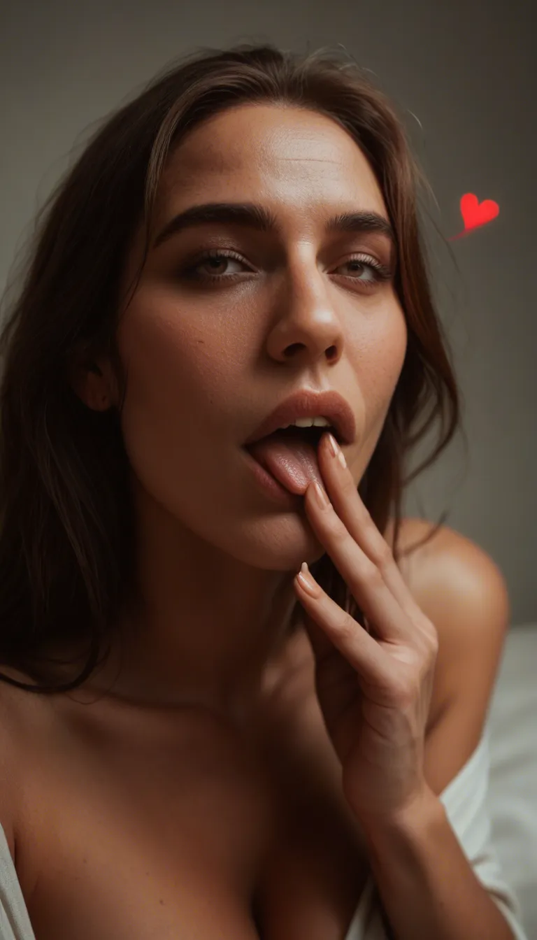 dslr, film grain, photorealistic, mature female, heart, oral, ambient glow, natural skin texture