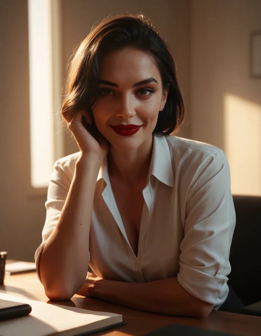 Hot secretary, black hair, red lips, shirt, neck line, cute unsure girly face, lustfull smile, sitting behind office desk, score_9, score_8, cinematic film still, anamorphic, film grain, dramatic lighting, shallow depth of field