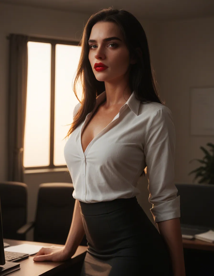 Hot secretary, straight black hair, red lips, shirt, neck line, black skirt, cute unsure girly face, standing in an office, warm light, score_9, score_8, cinematic film still, anamorphic, film grain, dramatic lighting, shallow depth of field