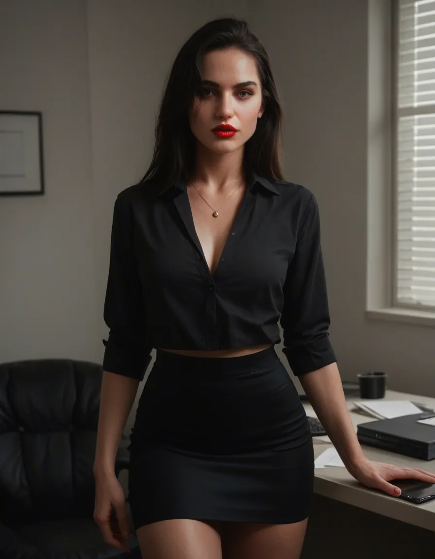 Hot secretary, straight black hair, red lips, shirt, neck line, black skirt, cute unsure girly face, standing in an office, score_9, score_8, amateur photo, phone snapshot, realistic skin texture, skin blemishes, soft indoor lighting