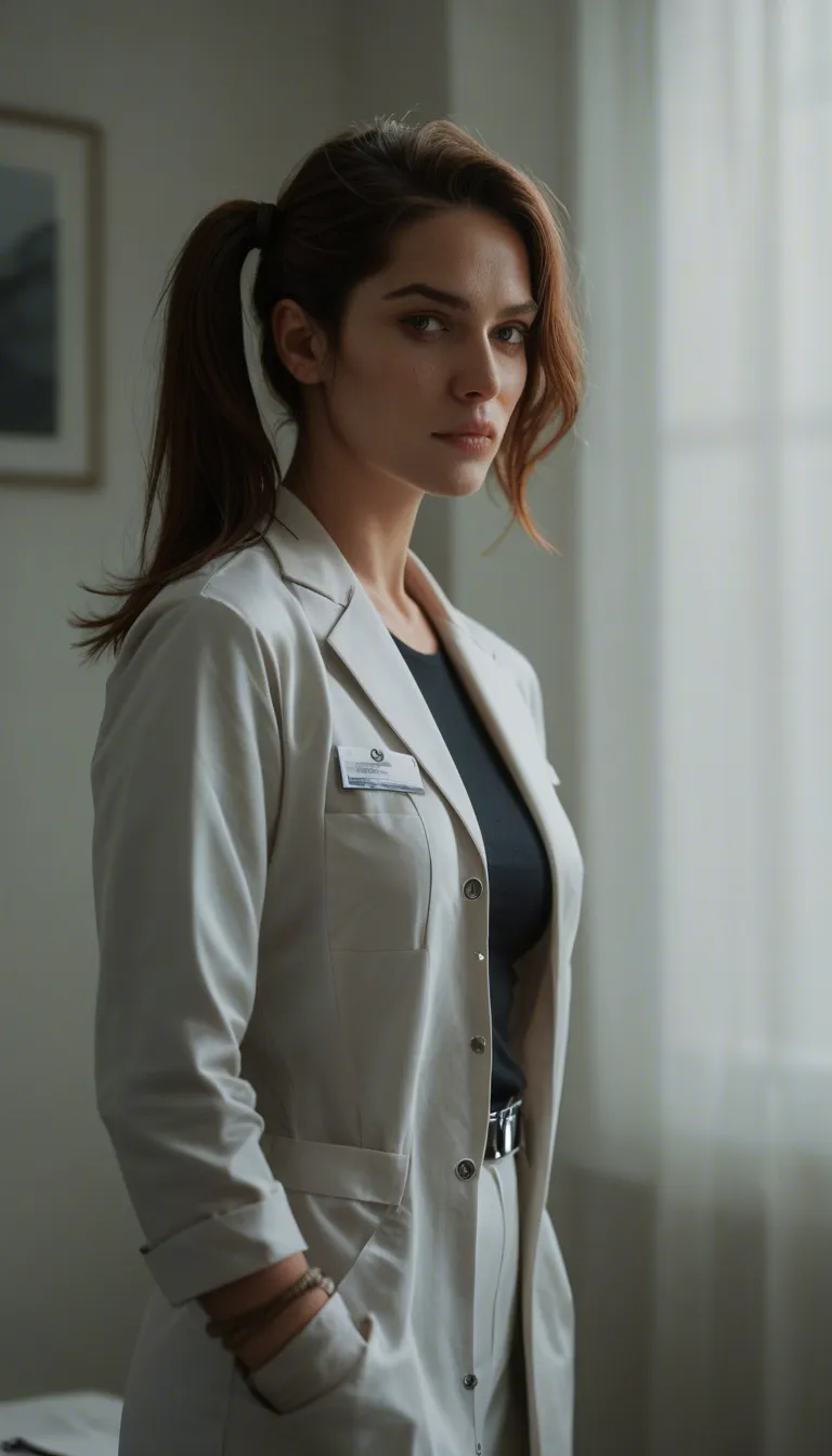 professional photo, high detail, nurse, side ponytail, jacket, bondage, warm tones, cinematic realism