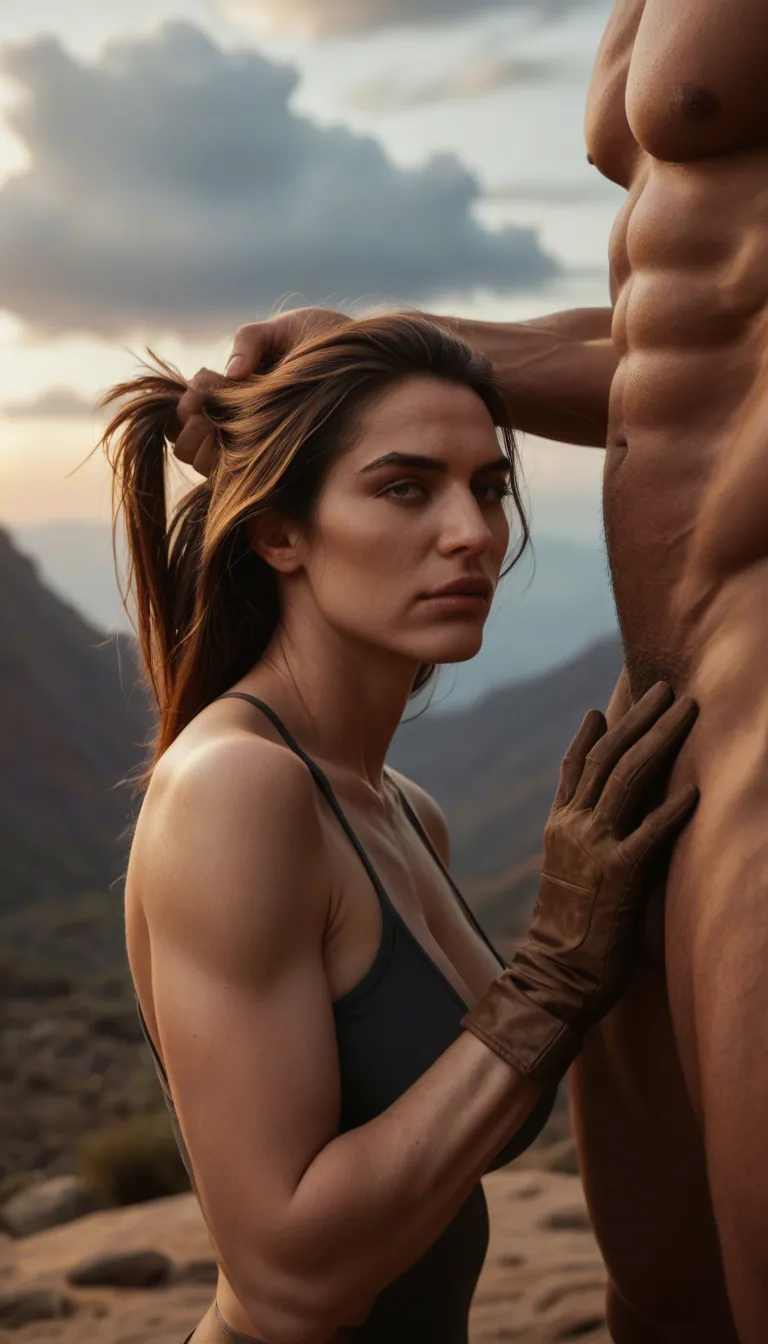 dslr, film grain, photorealistic, mature female, muscular male, gloves, hair pull, cloudy sky, side view, golden hour, 8k uhd photo