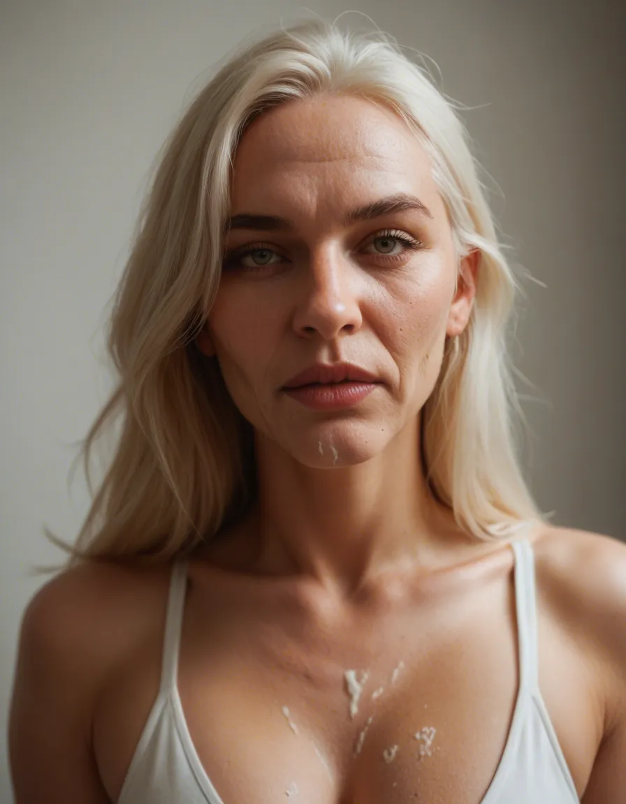 55 years old woman from 50' in cream underware, score_9, score_8, candid photo, realistic skin texture, visible skin pores, film grain, depth of field