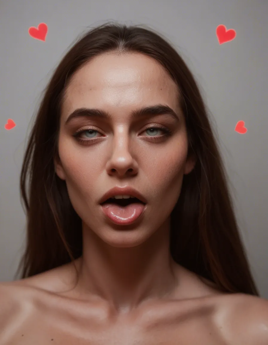RAW photo, ultra realistic, solo, heart, ahegao, studio photo, hard porn, score_9, score_8, candid photo, realistic skin texture, visible skin pores, film grain, depth of field