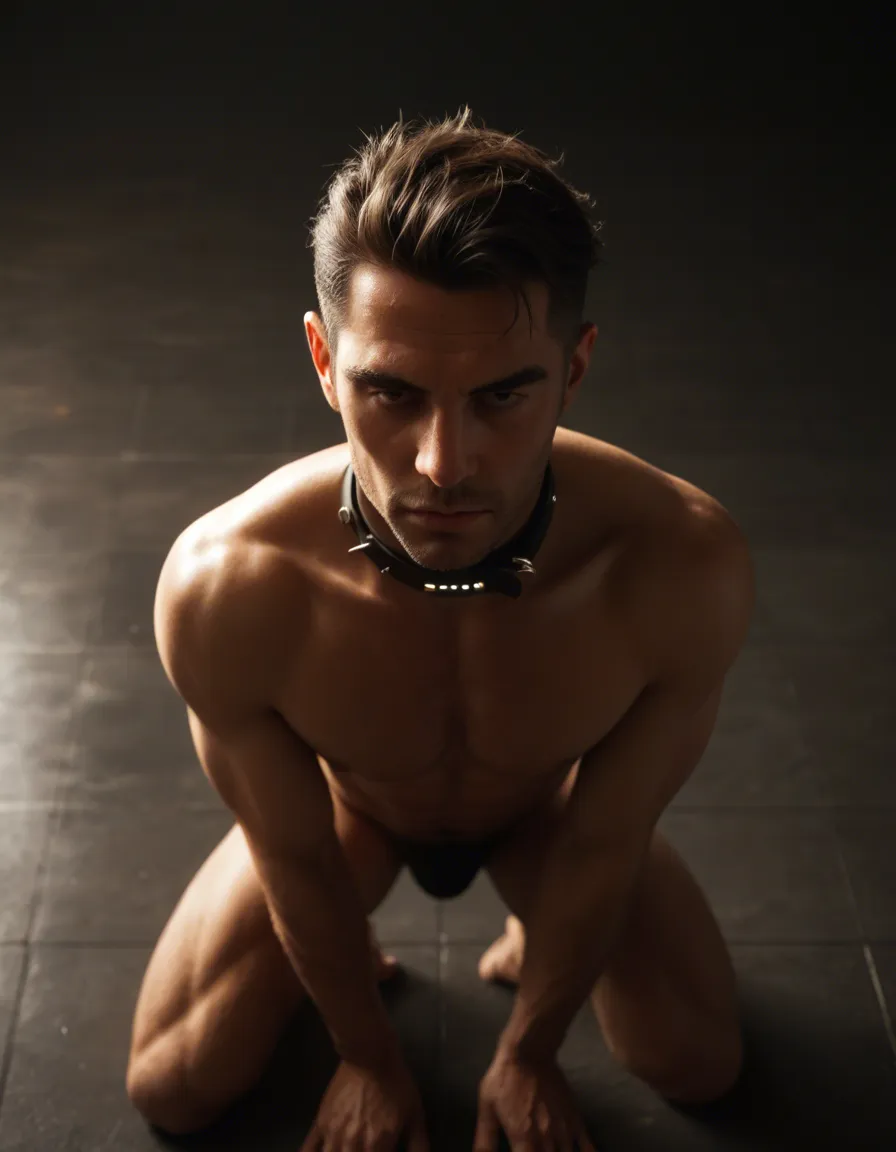 Kneeling subservient young man on a dark polished floor, head lowered and eyes cast up respectfully, hands resting open at his sides, wearing a simple black leather collar, barefoot, soft warm rim lighting from above, subtle shadow across his face showing humility, shallow depth of field, cinematic moody atmosphere, dark background with faint silhouette of a dominant woman's legs in glossy black latex heels standing over him, high detail, photorealistic, 4:5 portrait crop for profile picture, with chastity cage and man latex wear. very anime picture. light bronw hair. europan type man. dont look in camera. ballgagged mounth with simple red ballgag., score_9, score_8, candid photo, realistic skin texture, visible skin pores, film grain, depth of field