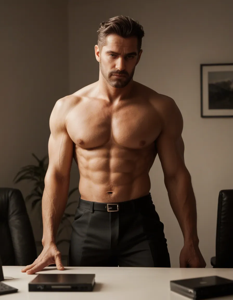 dslr, film grain, photorealistic, office lady, muscular male, official alternate costume, topless, backlit, RAW photo, score_9, score_8, candid photo, realistic skin texture, visible skin pores, film grain, depth of field