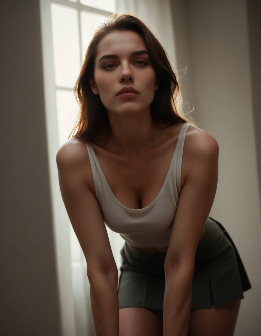 best quality, hyperrealistic, 1woman, collarbone, skirt, bent over, dutch angle, soft lighting, studio photo, score_9, score_8, candid photo, realistic skin texture, visible skin pores, film grain, depth of field