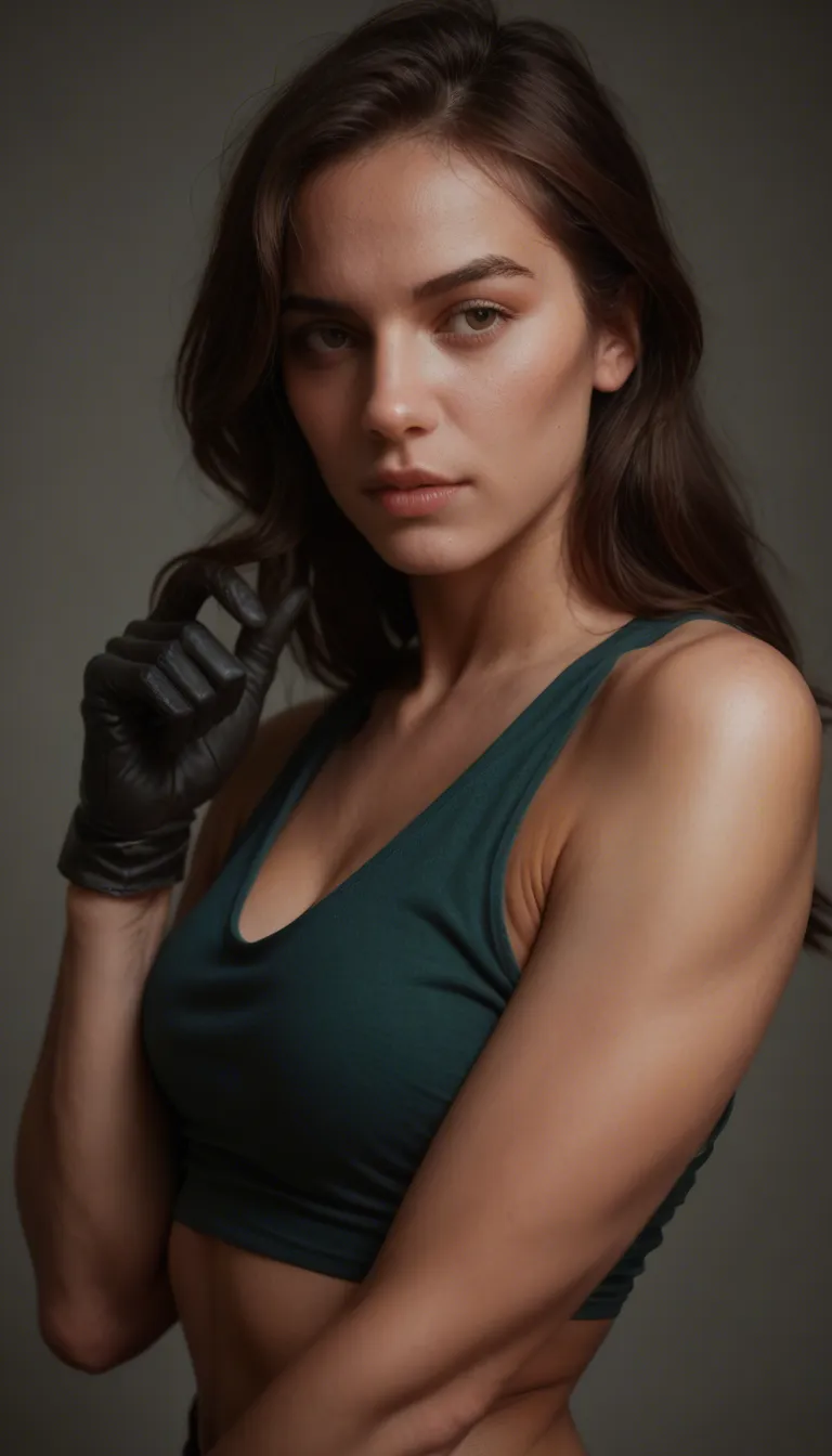 8k, sharp focus, detailed skin, brunette woman, swept bangs, gloves, spooning, photorealistic