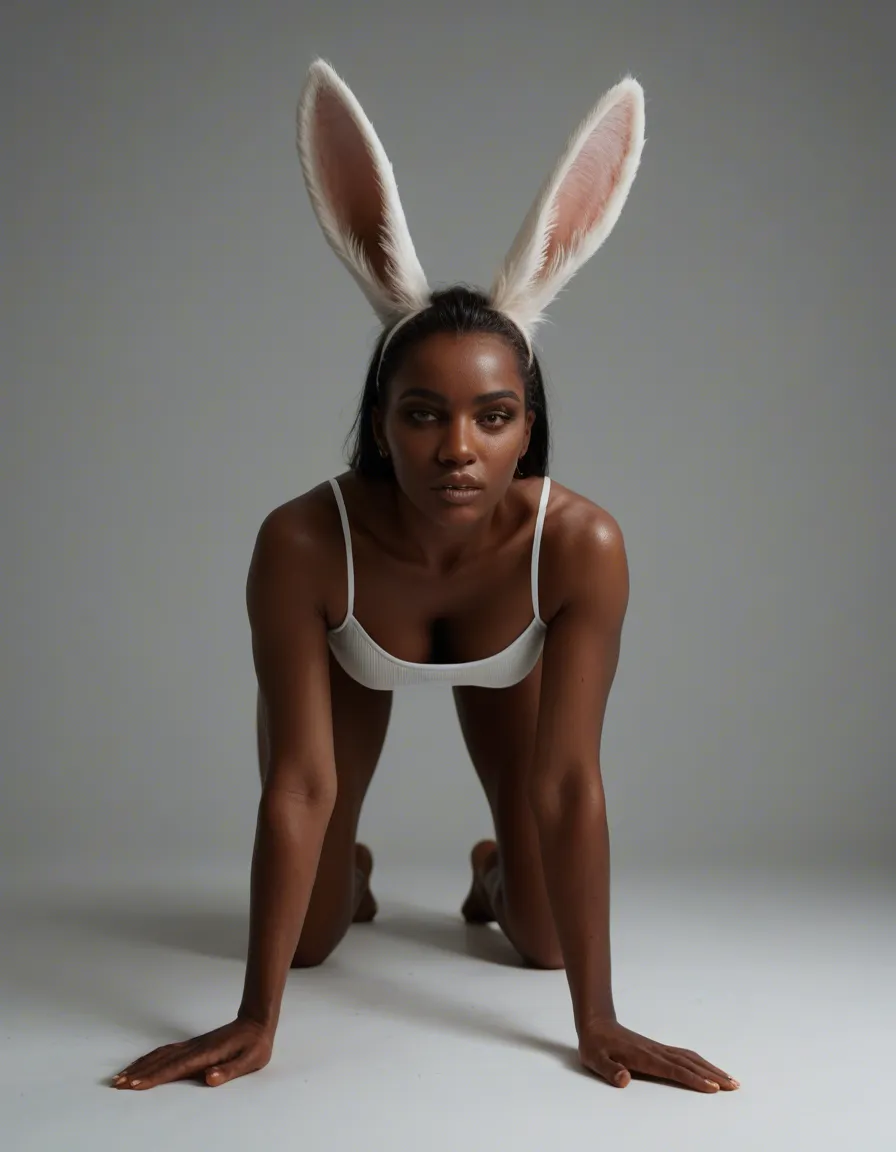 sharp focus, 8k uhd, full body, bunny girl, on all fours, dark skin, simple background, 8k uhd photo, score_9, score_8, candid photo, realistic skin texture, visible skin pores, film grain, depth of field