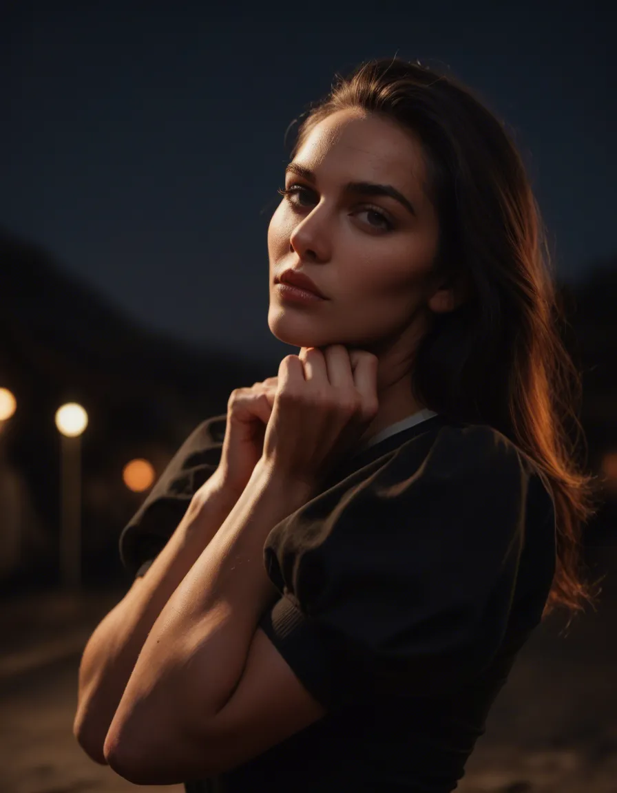 cinematic photo, 8k, 1other, feet out of frame, puffy sleeves, presenting, night, side view, 8k uhd photo, score_9, score_8, candid photo, realistic skin texture, visible skin pores, film grain, depth of field