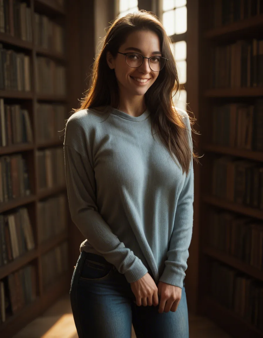 highly detailed, natural lighting, dslr quality, ultra realistic skin, 35 yo, pretty face, glasses, light_brown half long hair, warm bright brown eyes, daylight, light-blue sweater, jeans, standing in old library, smiling, lifting her  sweater, view flat sagging flabby low-hanging wrinkled tits, dark areolas, score_9, score_8, candid photo, realistic skin texture, visible skin pores, film grain, depth of field