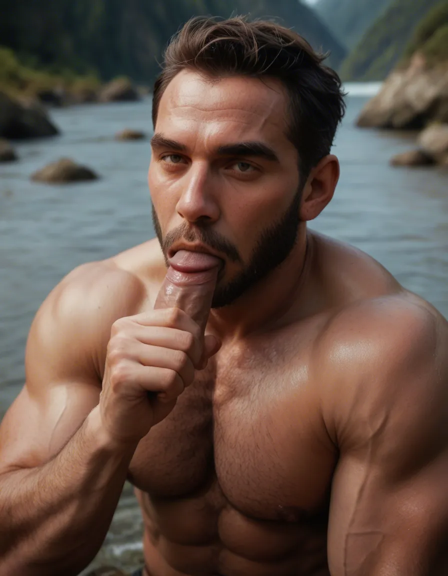 Two rugged hairy muscular men doing blowjob on the river, score_9, score_8, candid photo, realistic skin texture, visible skin pores, film grain, depth of field