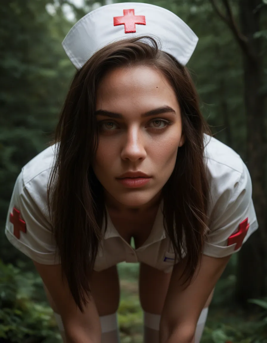 cinematic photo, 8k, extreme close-up, nurse, bent over, thighhighs, tree, lustful eyes, lifelike render, score_9, score_8, candid photo, realistic skin texture, visible skin pores, film grain, depth of field