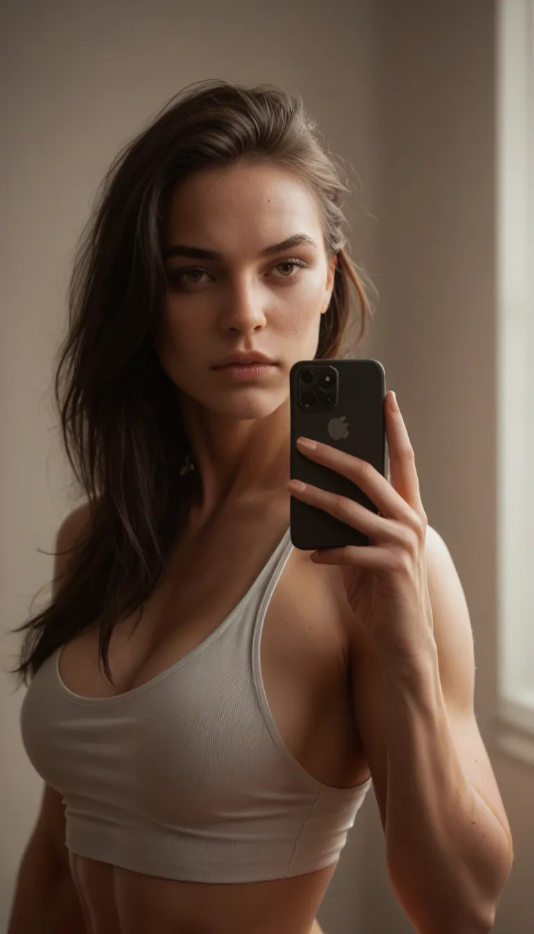 A photorealistic cinematic video of a beautiful woman in her thirties with a tall, fit, athletic physique. She has shoulder-length straight dark brunette hair in a naturally messy style framing her face, warm green eyes, light natural makeup, and a genuine frank smile. She wears a pink-and-yellow striped micro tank top that hugs her narrow waist and small bust, paired with micro summer jean shorts that highlight her long legs and firm posterior, and golden laced sandals reaching mid-calf.
She stands confidently in a sunny summer meadow filled with vibrant green grass and wildflowers under bright natural sunlight. High-key warm lighting casts soft shadows that define her muscle tone and body contours.
The camera begins on a full-body shot. With a provocative, deliberate motion she lifts the front of her micro tank top, pulling it upward to fully reveal her bare breasts while maintaining her knowing smile. She then slowly kneels down onto the grass, still holding the tank top raised, and opens her mouth wide.
The camera smoothly zooms in to tightly frame her upper body and face as she remains kneeling with her mouth open and breasts exposed.
Shallow depth of field keeps her sharply in focus while the meadow background softens. Highly detailed, 8k resolution, cinematic lighting, vivid colors, smooth camera movement.