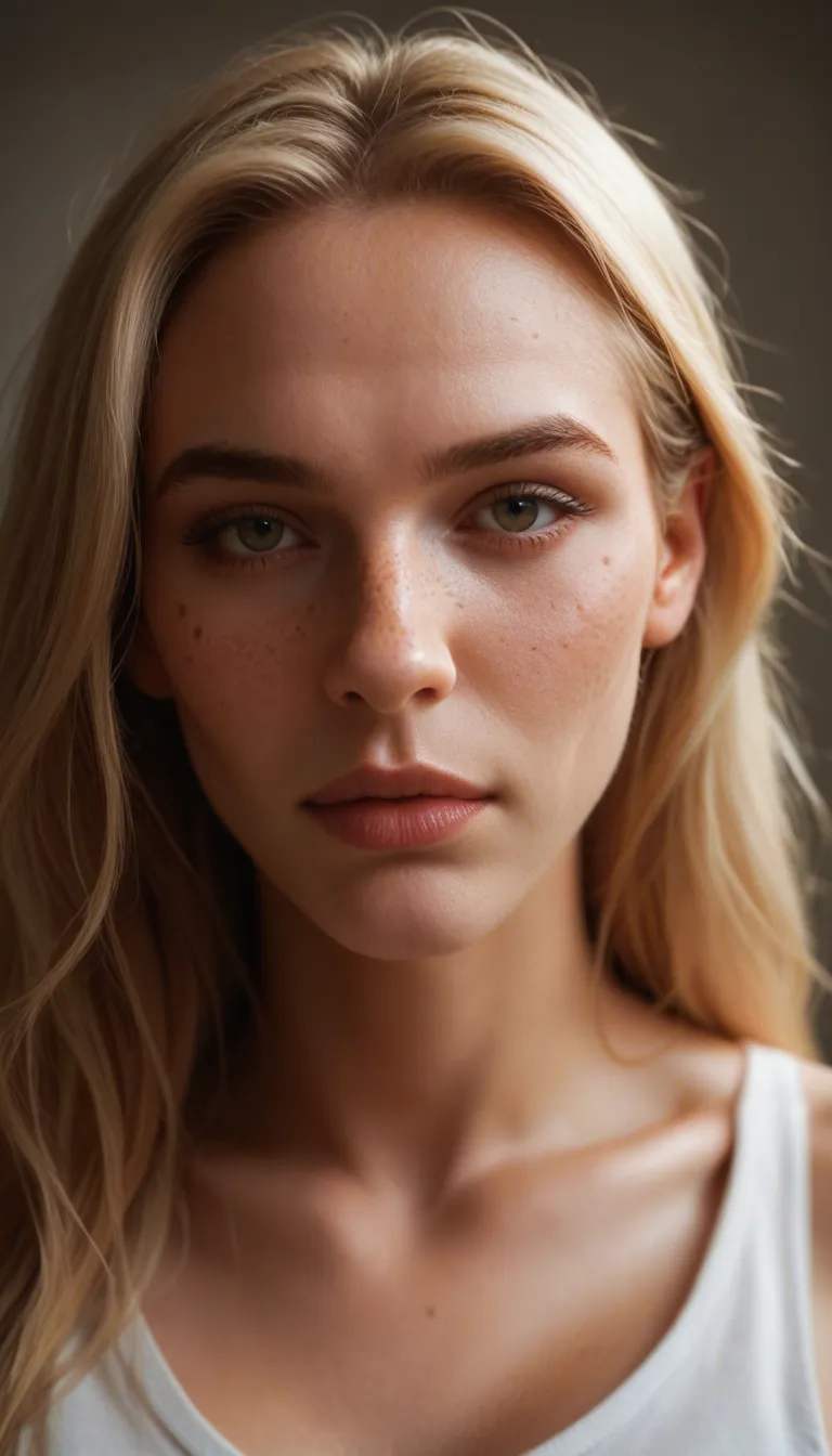 Close-up POV of a petite young woman in her early 20s with long straight blonde hair, soft pretty face, light freckles across her nose and cheeks, and full lips. She is wearing a tight cropped top. She slowly lifts the top up over her head, revealing a matching lacy bra, then lets the top drop. Soft natural lighting, highly detailed skin and hair, realistic, 5 seconds