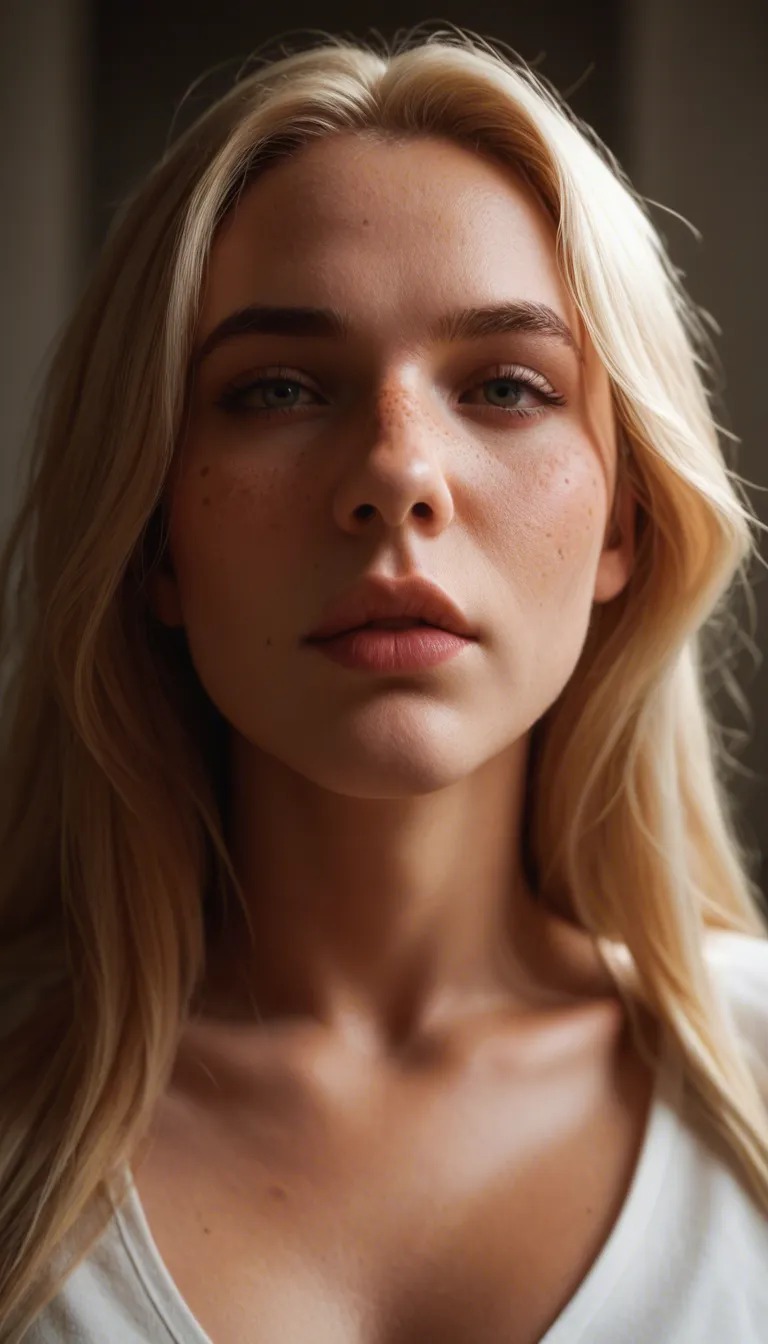 POV of a petite young woman in her early 20s with long straight blonde hair, soft pretty face, light freckles across her nose and cheeks, and full lips. She is wearing a tight cropped top. She slowly lifts the top up over her head, revealing a matching lacy bra, then lets the top drop. Soft natural lighting, highly detailed skin and hair, realistic, 5 seconds