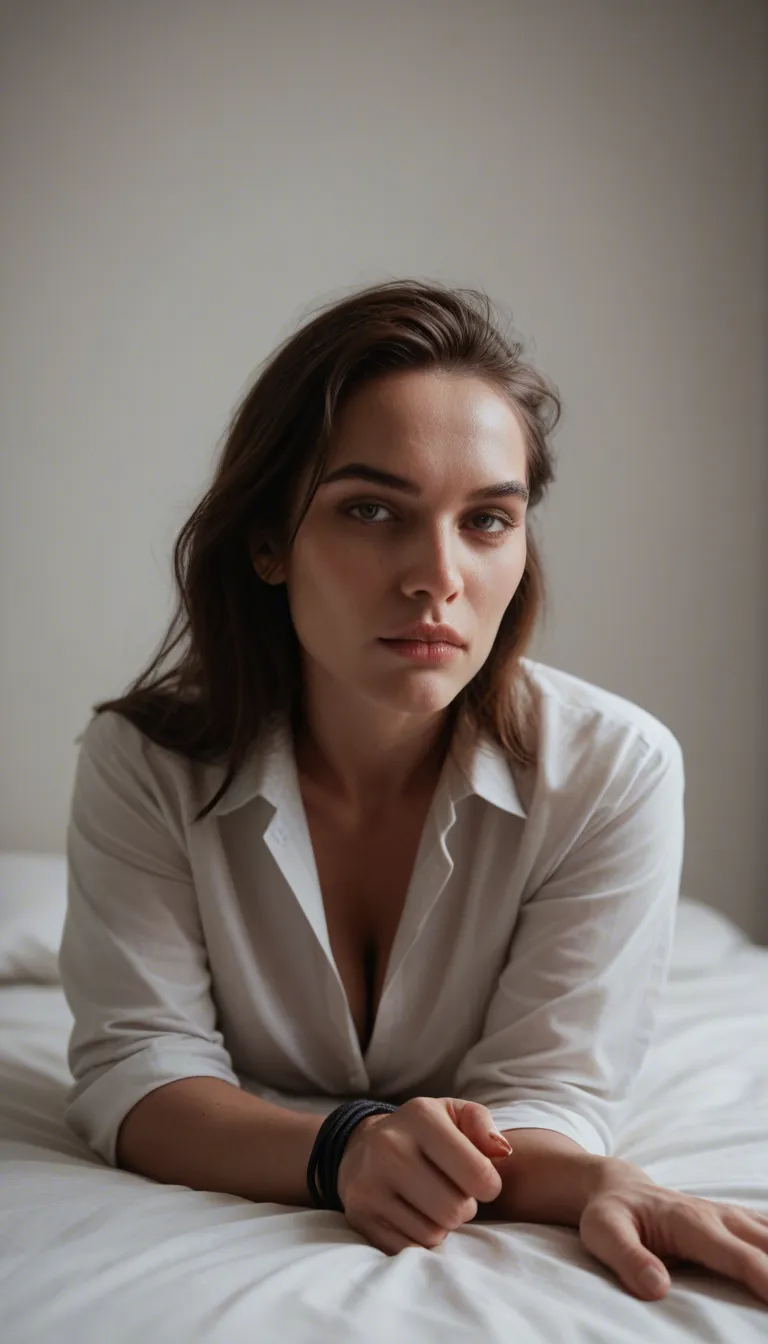 professional photo, high detail, 1girl, fingernails, white shirt, bondage, bed, lifelike render