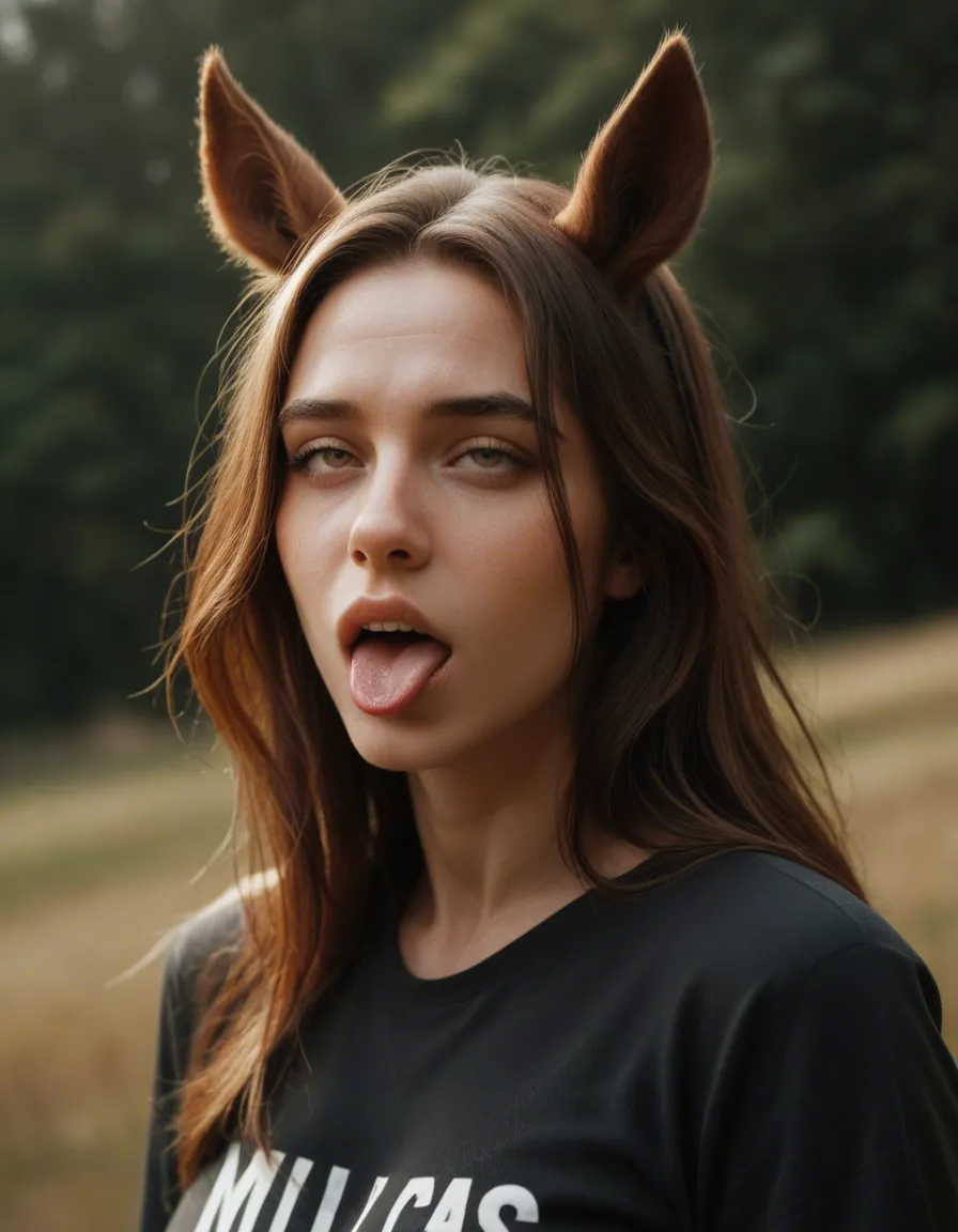 studio quality, sharp focus, solo, horse ears, shirt, ahegao, day, three-quarter view, studio photo, score_9, score_8, candid photo, realistic skin texture, visible skin pores, film grain, depth of field
