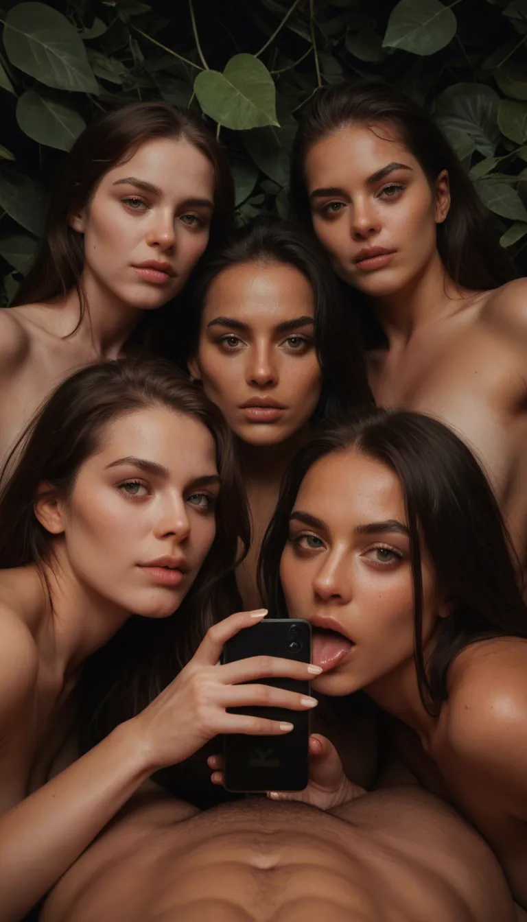 cinematic photo, 8k, POV, 4women, oral, petite adult woman, leaf, hyperrealistic