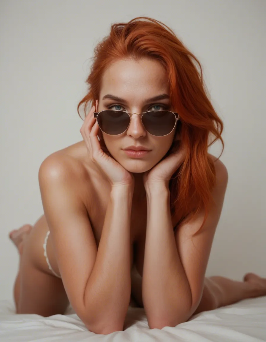RAW photo, ultra realistic, redhead woman, sunglasses, frills, fully nude, white background, studio photo of feet, score_9, score_8, candid photo, realistic skin texture, visible skin pores, film grain, depth of field