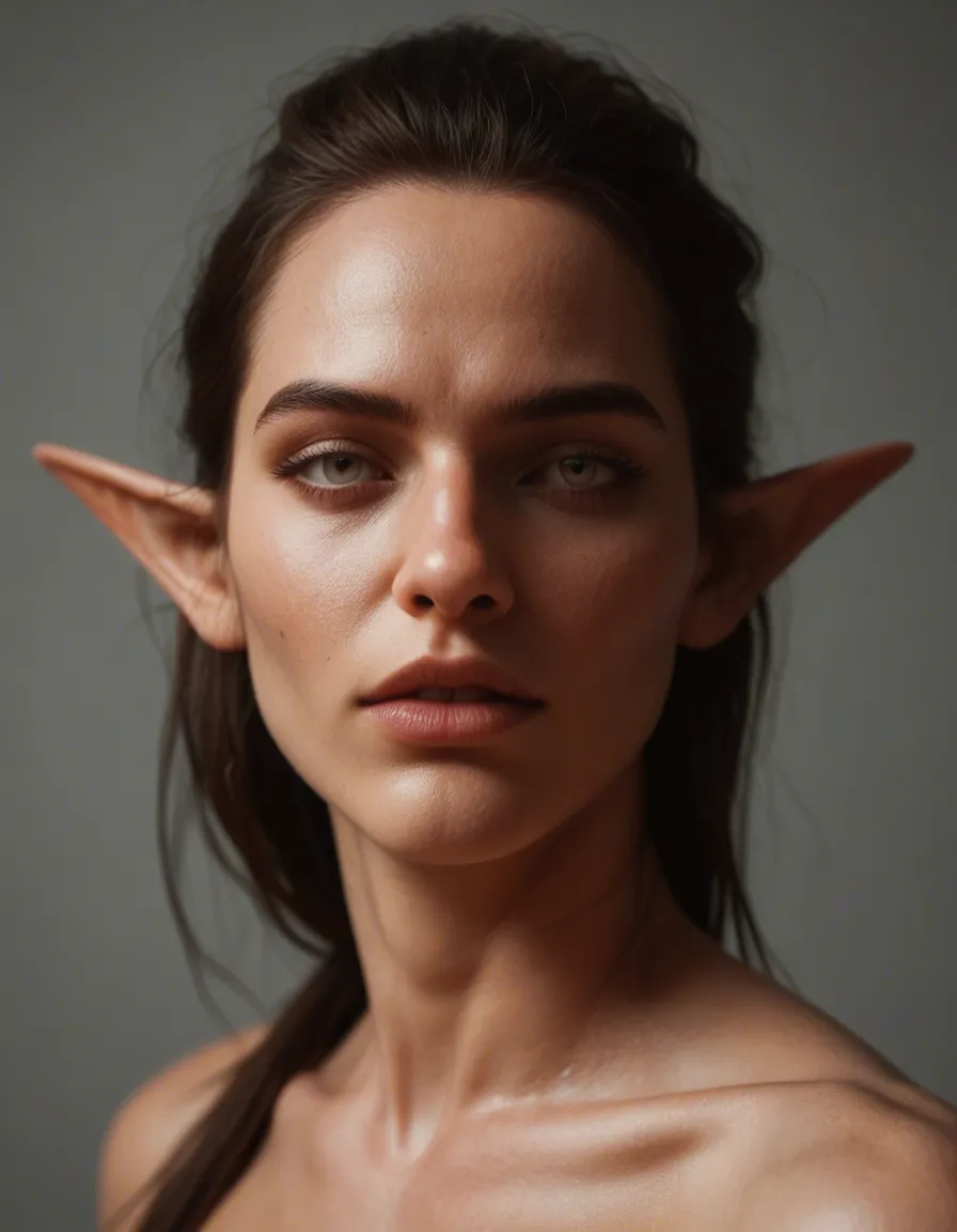 sharp focus, 8k uhd, three-quarter view, solo female, presenting, pointy ears, lustful eyes, lifelike render, score_9, score_8, candid photo, realistic skin texture, visible skin pores, film grain, depth of field