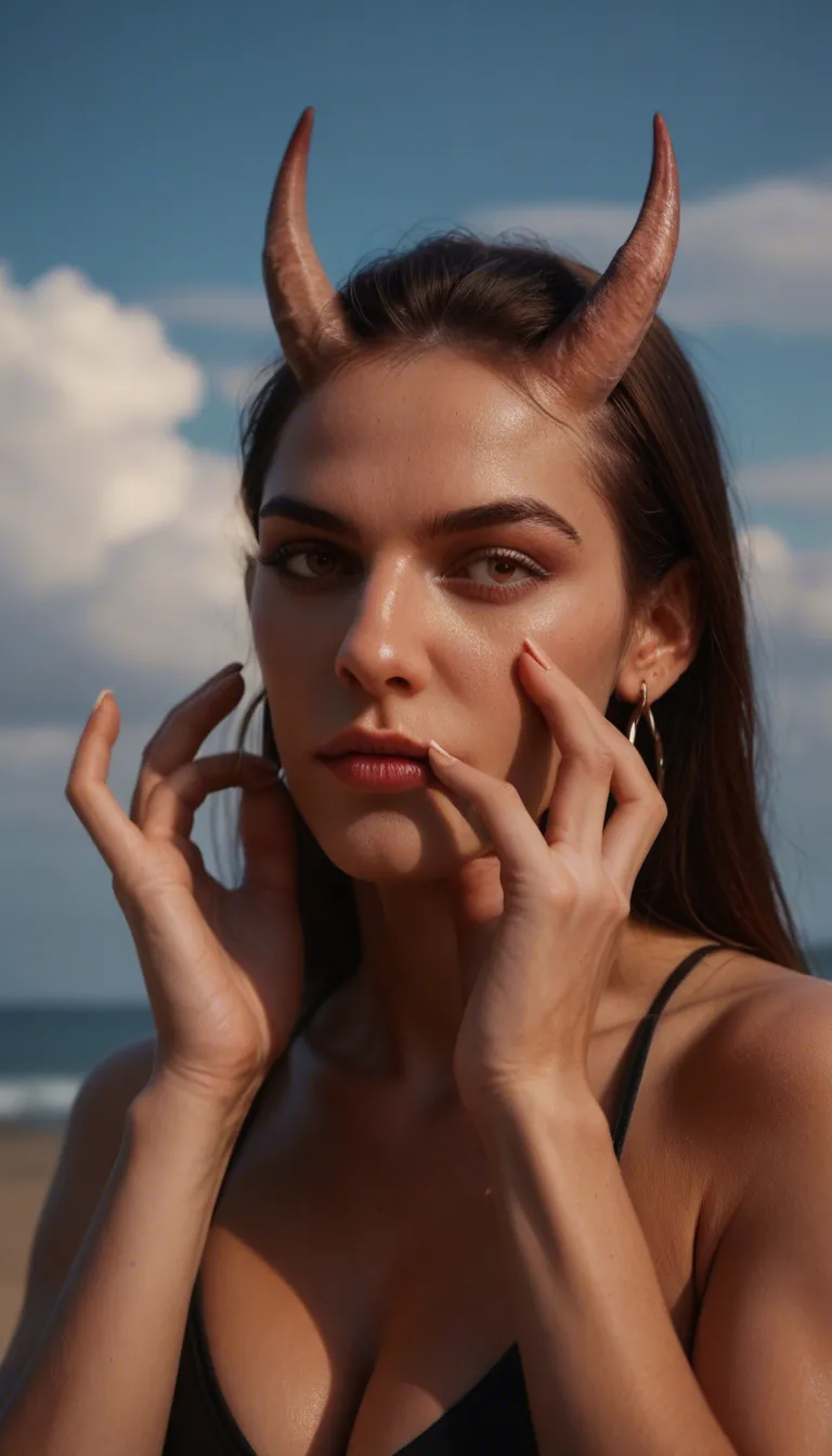 best quality, hyperrealistic, succubus, hands up, earrings, bondage, cloudy sky, close-up, volumetric light, RAW photo