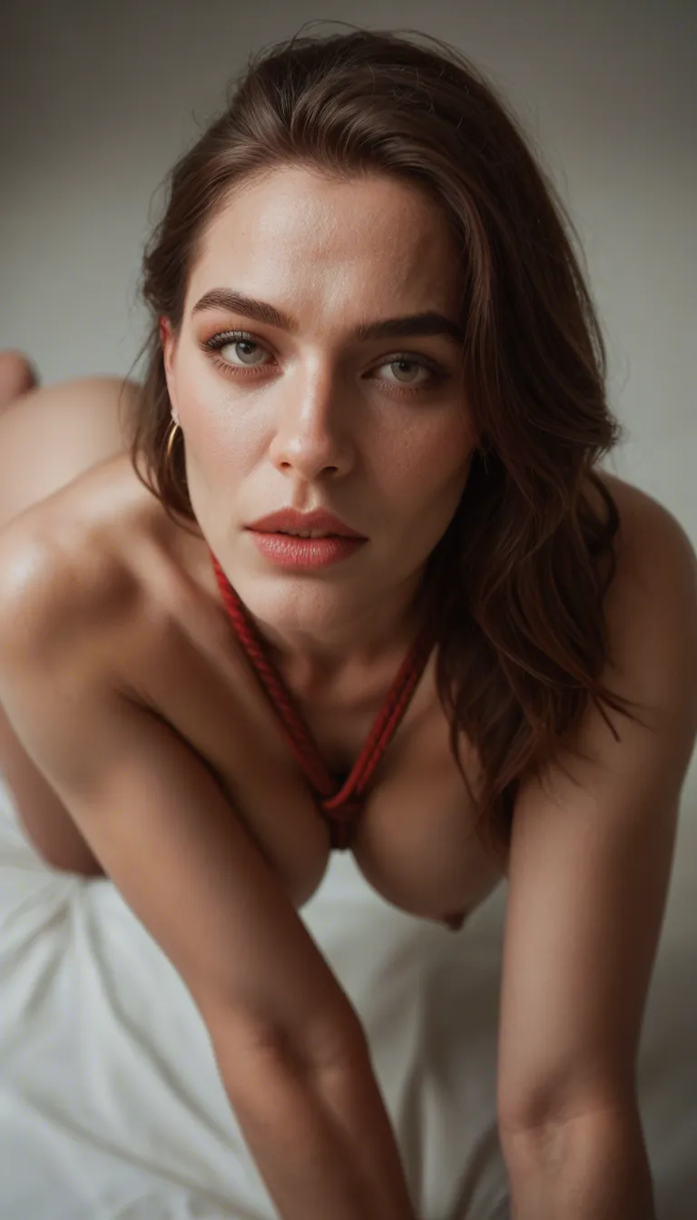 professional picture, aesthetic photoshoot, cinematic, high definition skin, detailed face, beautiful, woman wearing a shibari, bdsm, bondage, on all fours, (man from behind, man with penis. torso, penetration:1.4),  nighttime, low light, dim light, shot from above