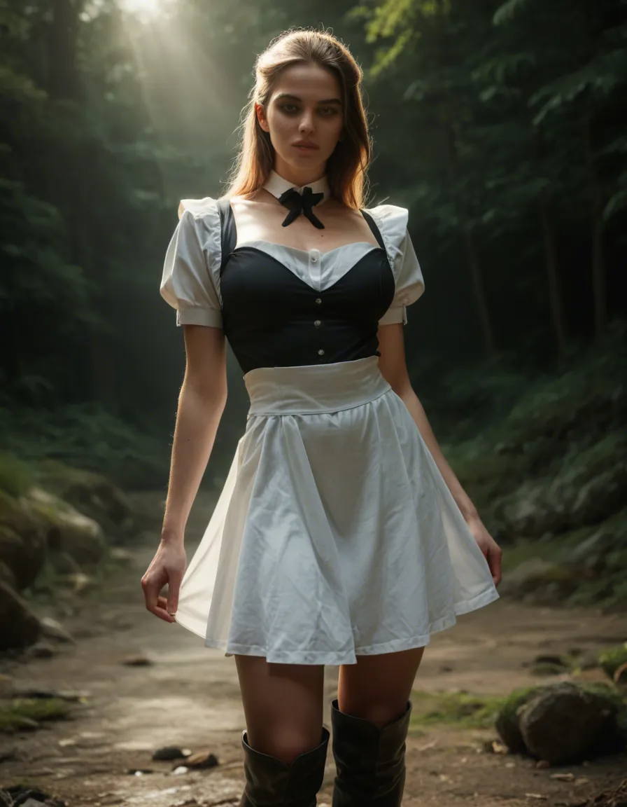cinematic photo, 8k, maid, covered navel, boots, presenting, outdoors, spotlight, 8k uhd photo, score_9, score_8, candid photo, realistic skin texture, visible skin pores, film grain, depth of field