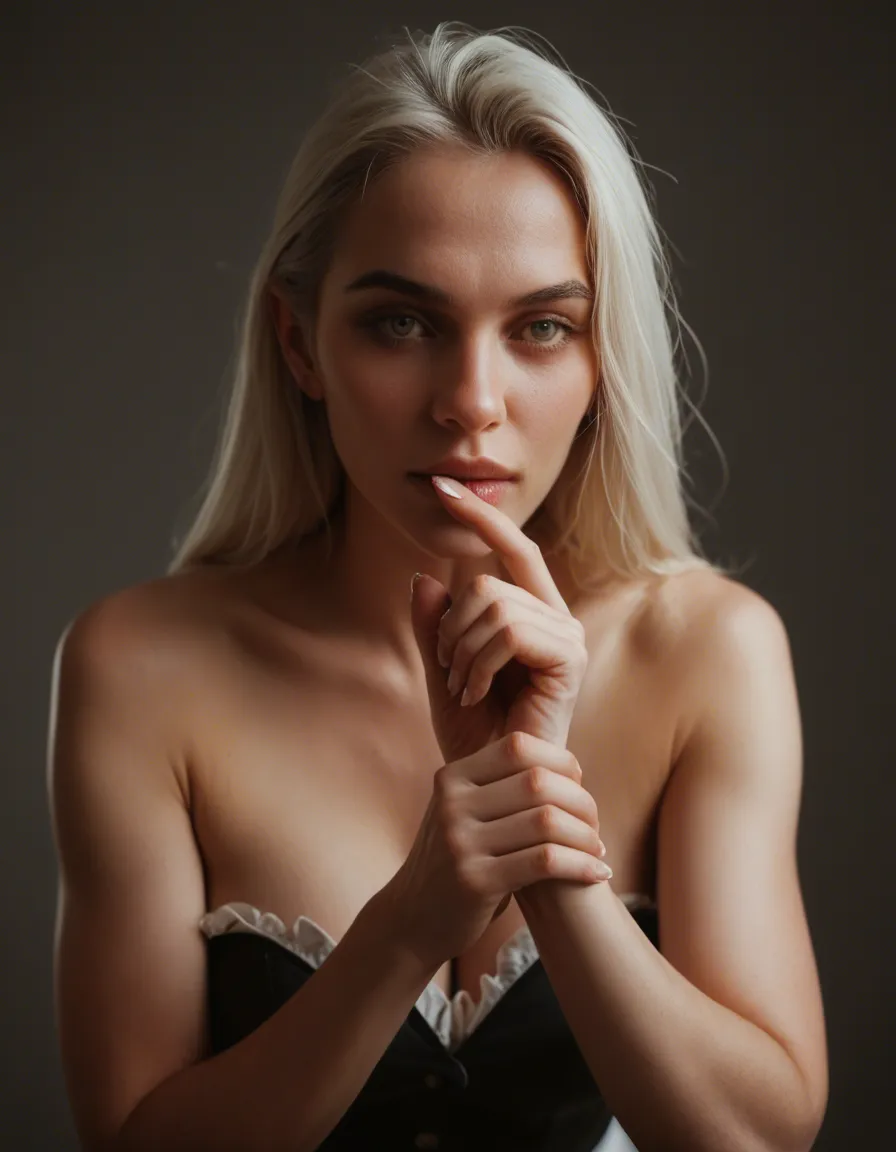 French maid hand job eye contact, score_9, score_8, candid photo, realistic skin texture, visible skin pores, film grain, depth of field