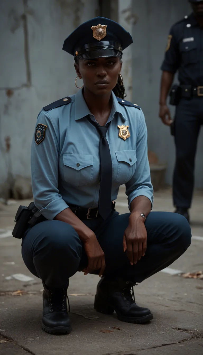 A short dark-skinned african mature_female, wearing a police uniform, light blue bra, black uniform pants, and black utility boots, squatting, giving a deepthroat blowjob to another police officer with a large penis. Outside, behind a police car. Backlit, photorealistic, sharp focus.