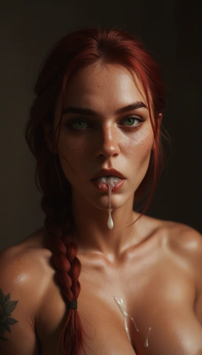 red_hair long_hair braid realistic freckles fellatio cum_in_mouth large_breasts realistic green_eyes tattoo, score_9, score_8, cinematic film still, anamorphic, film grain, dramatic lighting, shallow depth of field