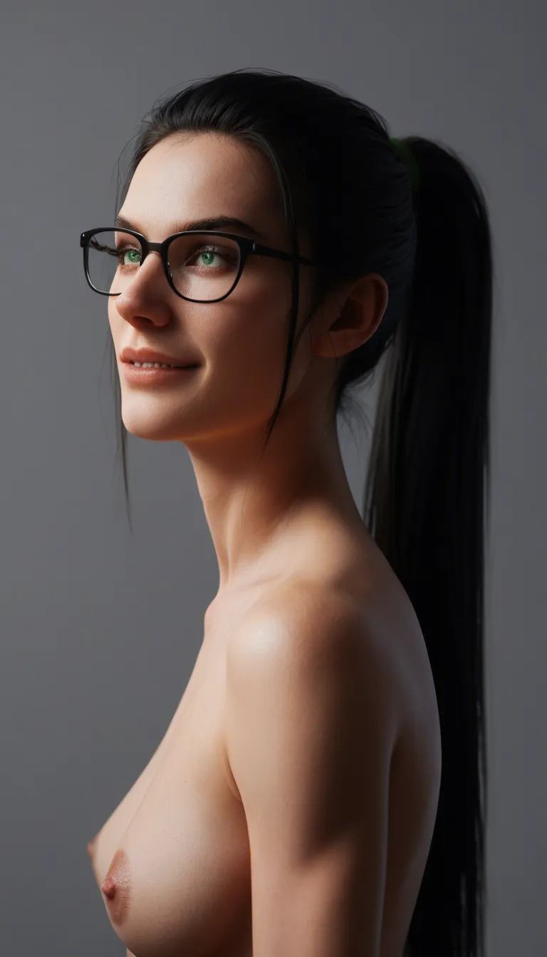 hyperrealistic, detailed skin, view from side, long black hair, high ponytail, fringe hairstyle, almond green eyes, black-framed eyewear, smile, naked, arms behind head, shiny black micro thong, huge fake breasts, riding penis, cowgirl position, toned body, athletic body, oiled body, cum in pussy, arm tattoo, big tattoo on back