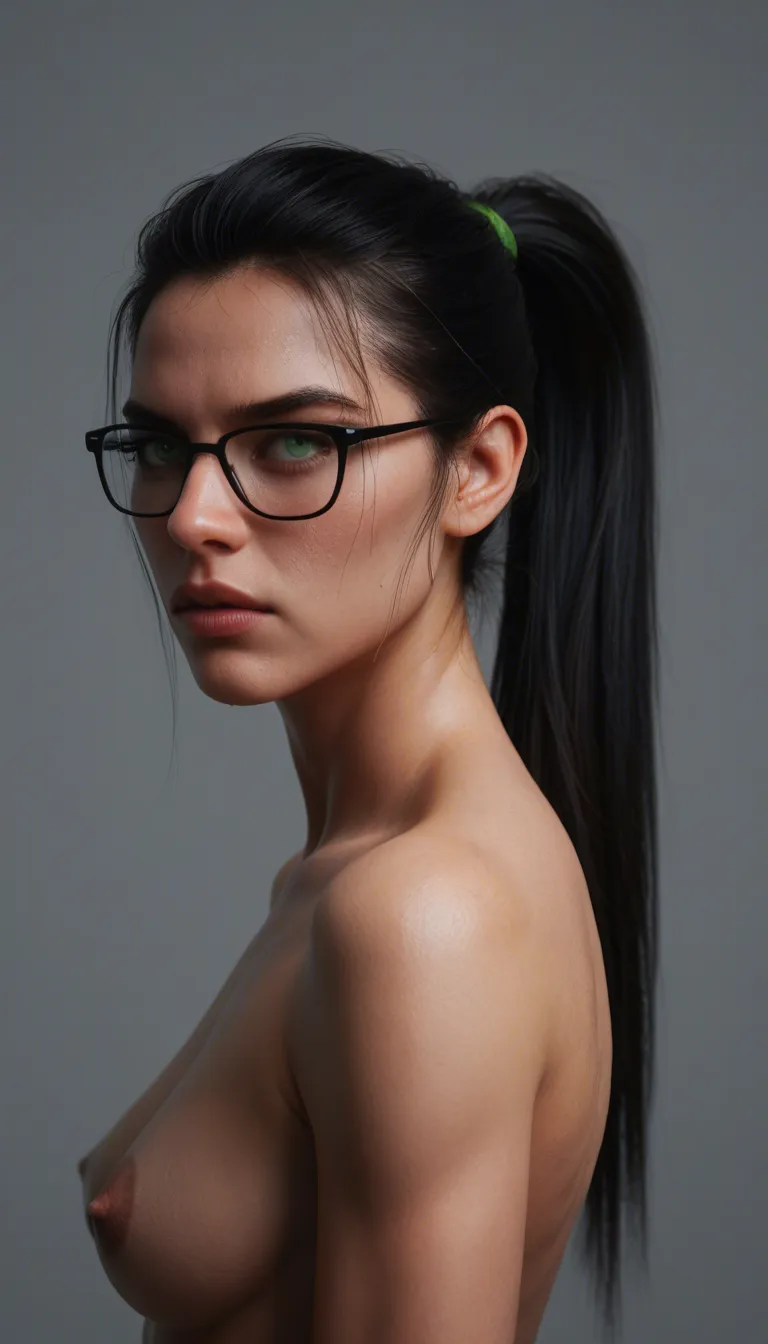 hyperrealistic, detailed skin, view from side, long black hair, high ponytail, fringe hairstyle, almond green eyes, black-framed eyewear, kissable mouth naked, arms behind head, shiny black micro thong, huge fake breasts, riding penis, cowgirl position, toned body, athletic body, oiled body, cum in pussy, arm tattoo, big tattoo on back