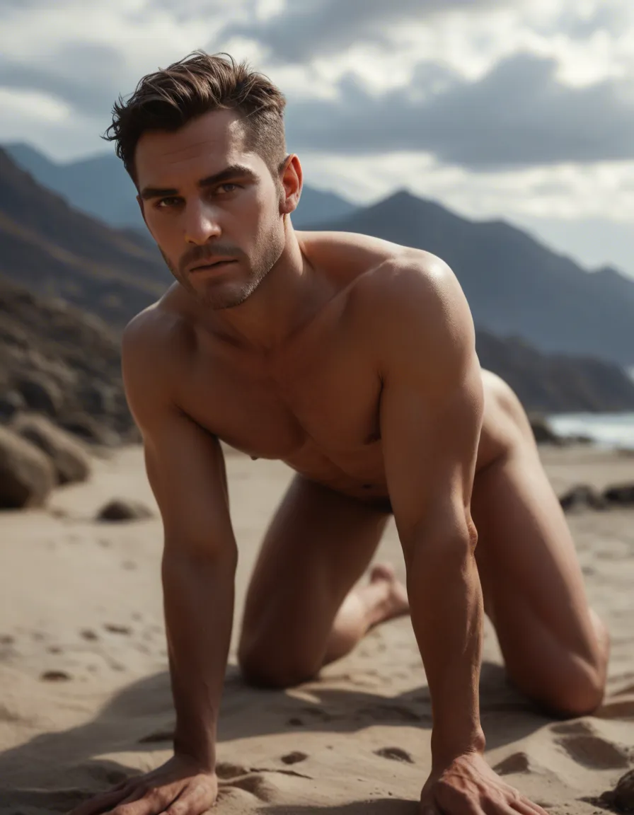 studio quality, sharp focus, 1boy, on all fours, navel, cloudy sky, studio photo, score_9, score_8, candid photo, realistic skin texture, visible skin pores, film grain, depth of field