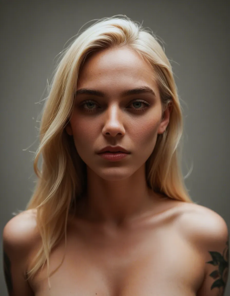 dslr, film grain, photorealistic, blonde_hair, tattoo, petite, score_9, score_8, candid photo, realistic skin texture, visible skin pores, film grain, depth of field