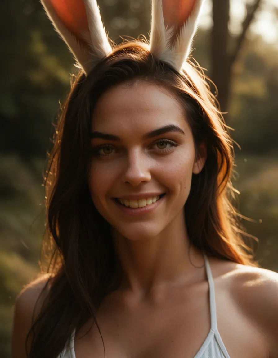 highly detailed, natural lighting, portrait, bunny girl, bondage, wide hips, outdoors, teasing grin, dslr quality, score_9, score_8, candid photo, realistic skin texture, visible skin pores, film grain, depth of field