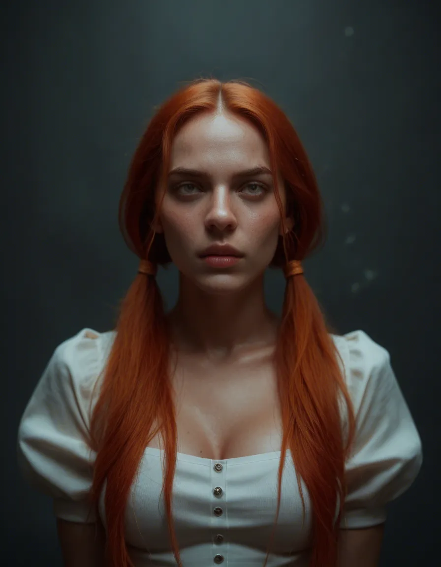 ultra HD, lifelike, redhead woman, twintails, puffy sleeves, bondage, neon glow, natural skin texture, score_9, score_8, candid photo, realistic skin texture, visible skin pores, film grain, depth of field