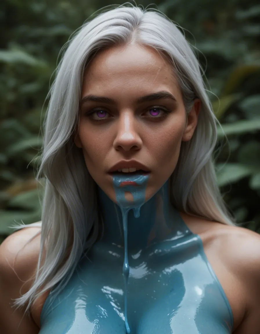 a woman with silver hair and purple eyes getting fucked by a blue coloured slime with tentacles, score_9, score_8, candid photo, realistic skin texture, visible skin pores, film grain, depth of field