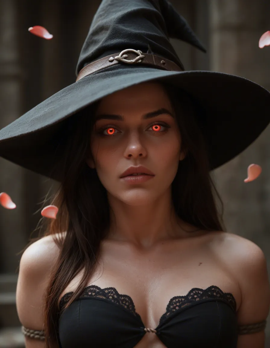 studio quality, sharp focus, extreme close-up, witch, bondage, petite adult woman, petals, lustful eyes, RAW photo, score_9, score_8, candid photo, realistic skin texture, visible skin pores, film grain, depth of field