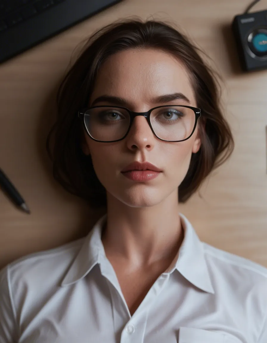 dslr, film grain, photorealistic, extreme close-up, office lady, missionary, glasses, hyperrealistic, score_9, score_8, candid photo, realistic skin texture, visible skin pores, film grain, depth of field