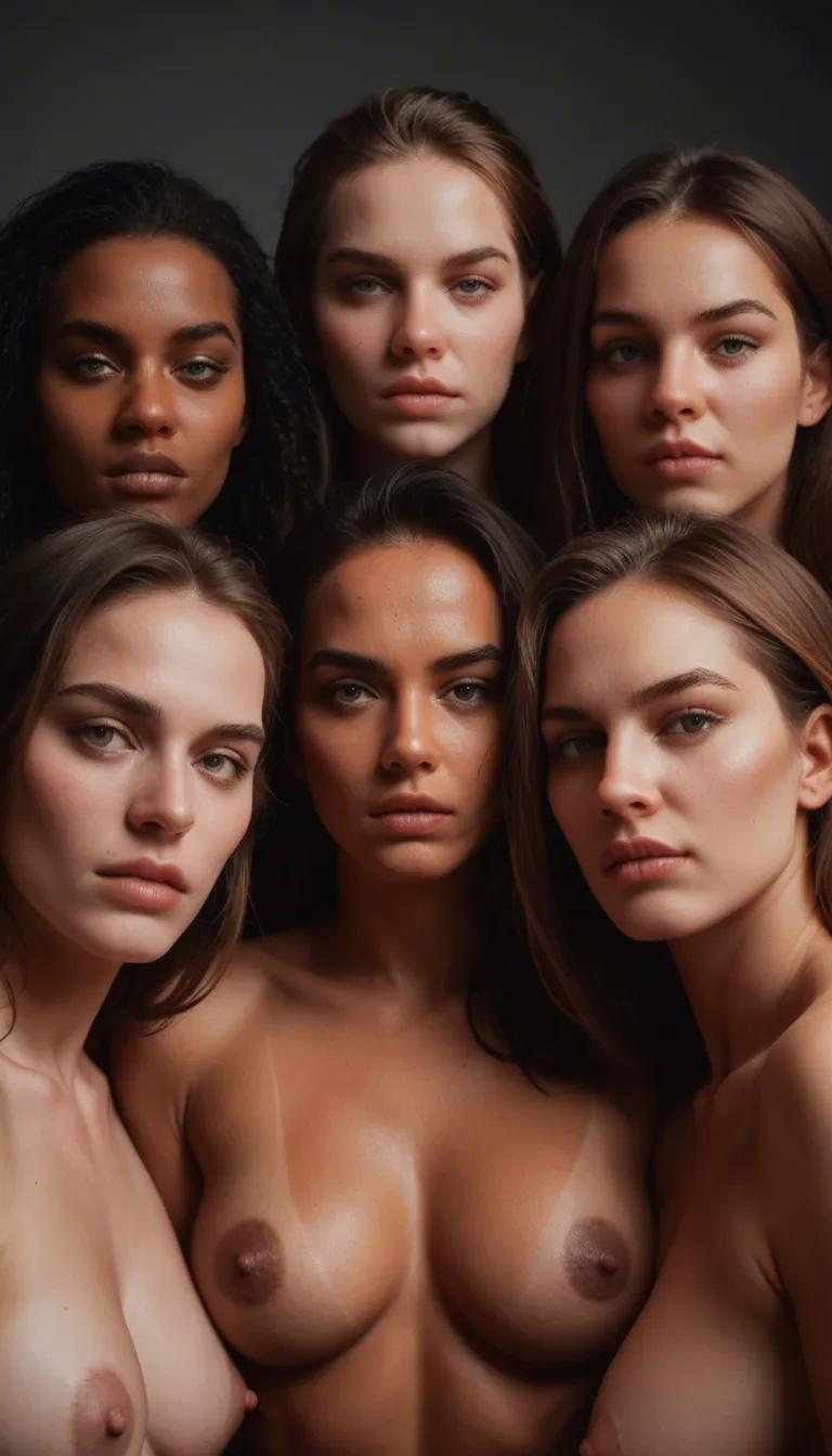 8k, sharp focus, detailed skin, 5girls, thick thighs, bow, presenting, grey background, portrait, spotlight, lifelike render