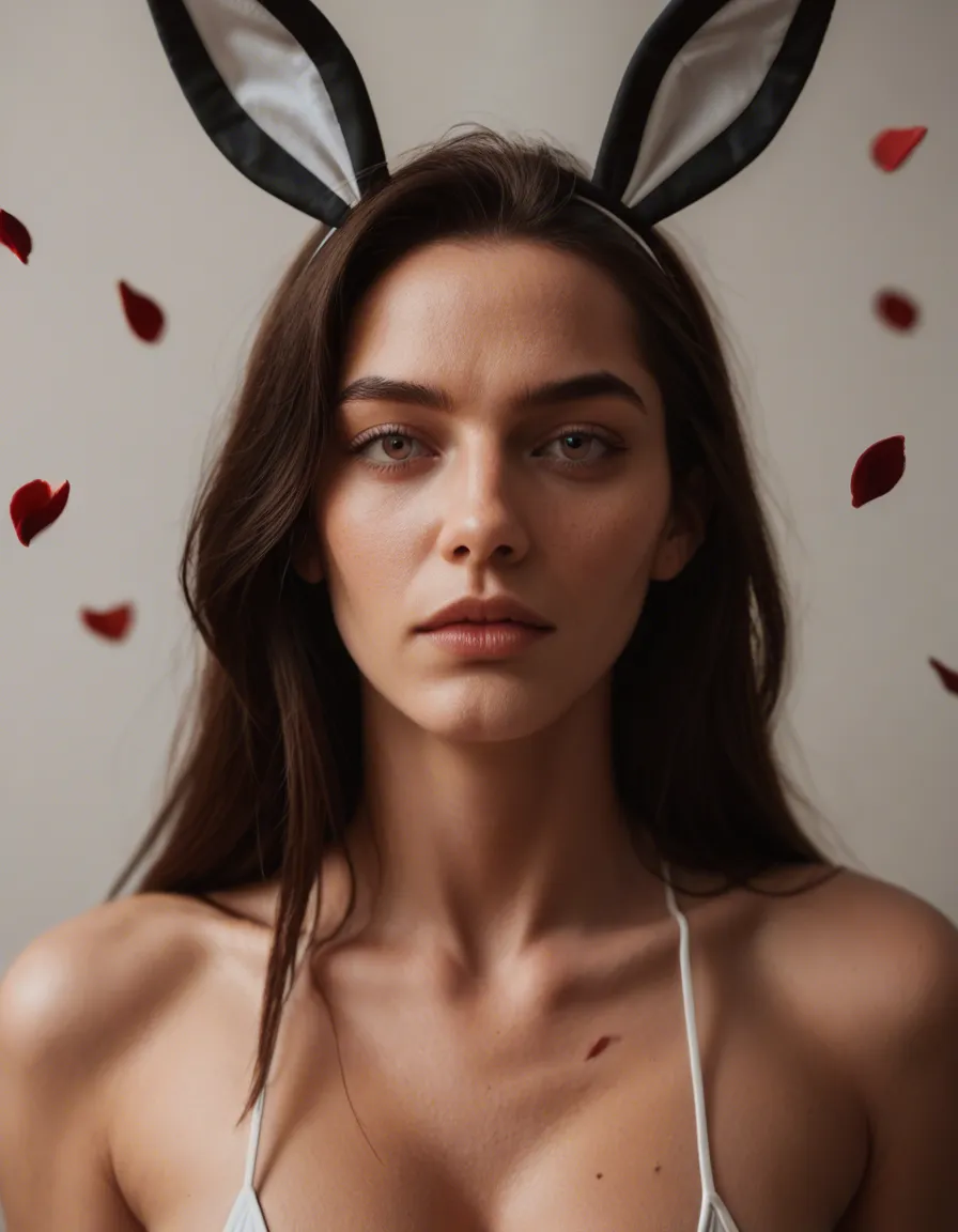 dslr, film grain, photorealistic, solo focus, futanari, fake animal ears, petals, lustful eyes, natural skin texture, score_9, score_8, candid photo, realistic skin texture, visible skin pores, film grain, depth of field