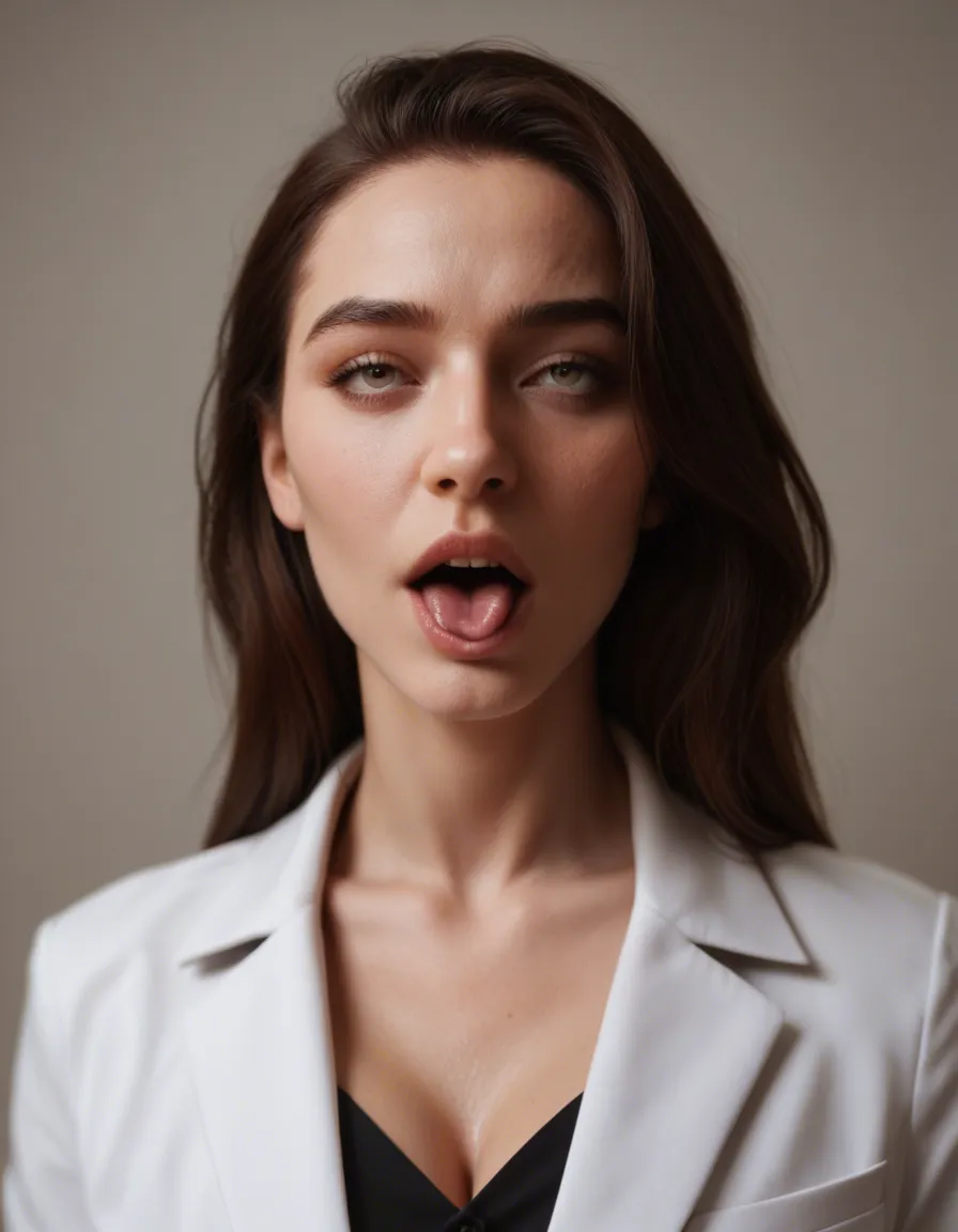 sharp focus, 8k uhd, over the shoulder, office lady, ahegao, collarbone, photorealistic, score_9, score_8, candid photo, realistic skin texture, visible skin pores, film grain, depth of field