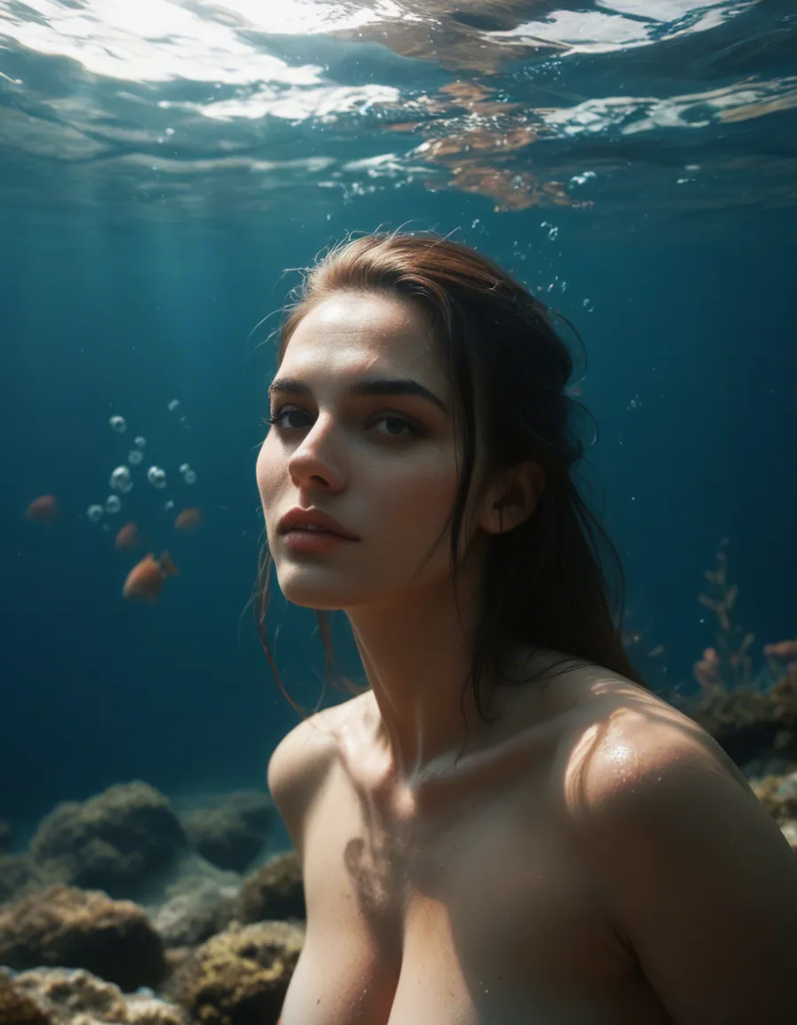 shemale underwater, score_9, score_8, candid photo, realistic skin texture, visible skin pores, film grain, depth of field