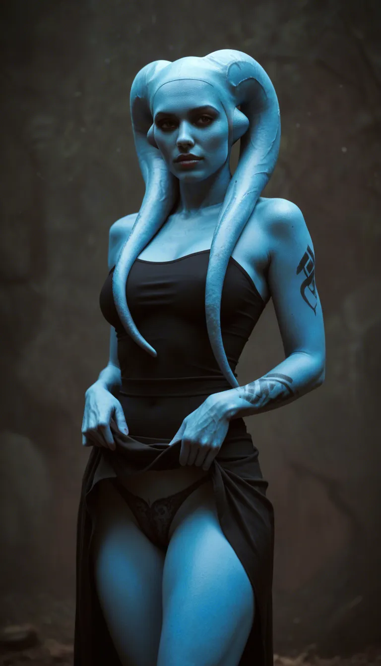 blue skinned twi'lek, ultra HD, lifelike, skirt_lift, lifelike render, pubic_tattoo, no_panties, no_bra, nipple_piercing
