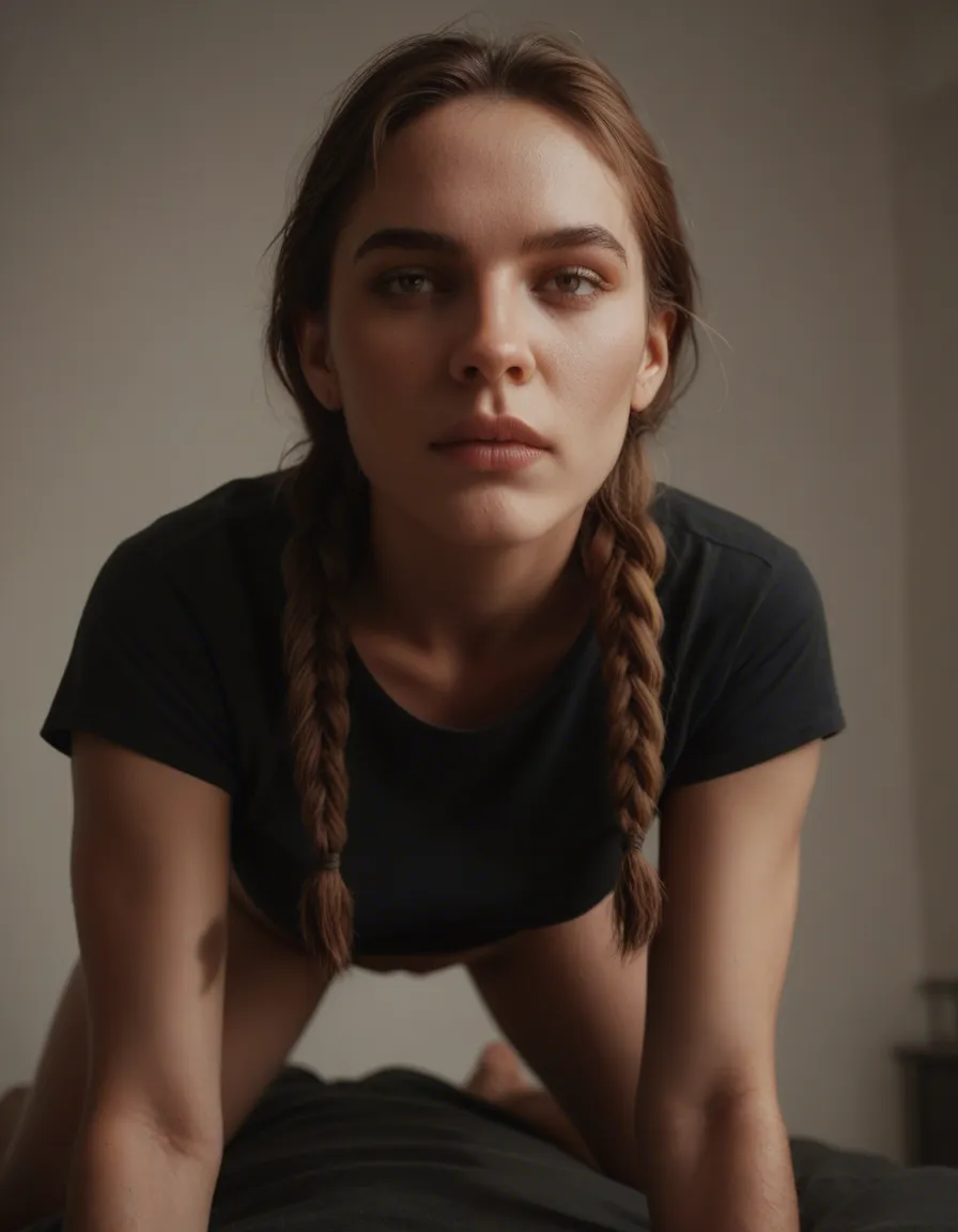 dslr, film grain, photorealistic, demon girl, twin braids, short sleeves, doggy style, lifelike render, score_9, score_8, candid photo, realistic skin texture, visible skin pores, film grain, depth of field