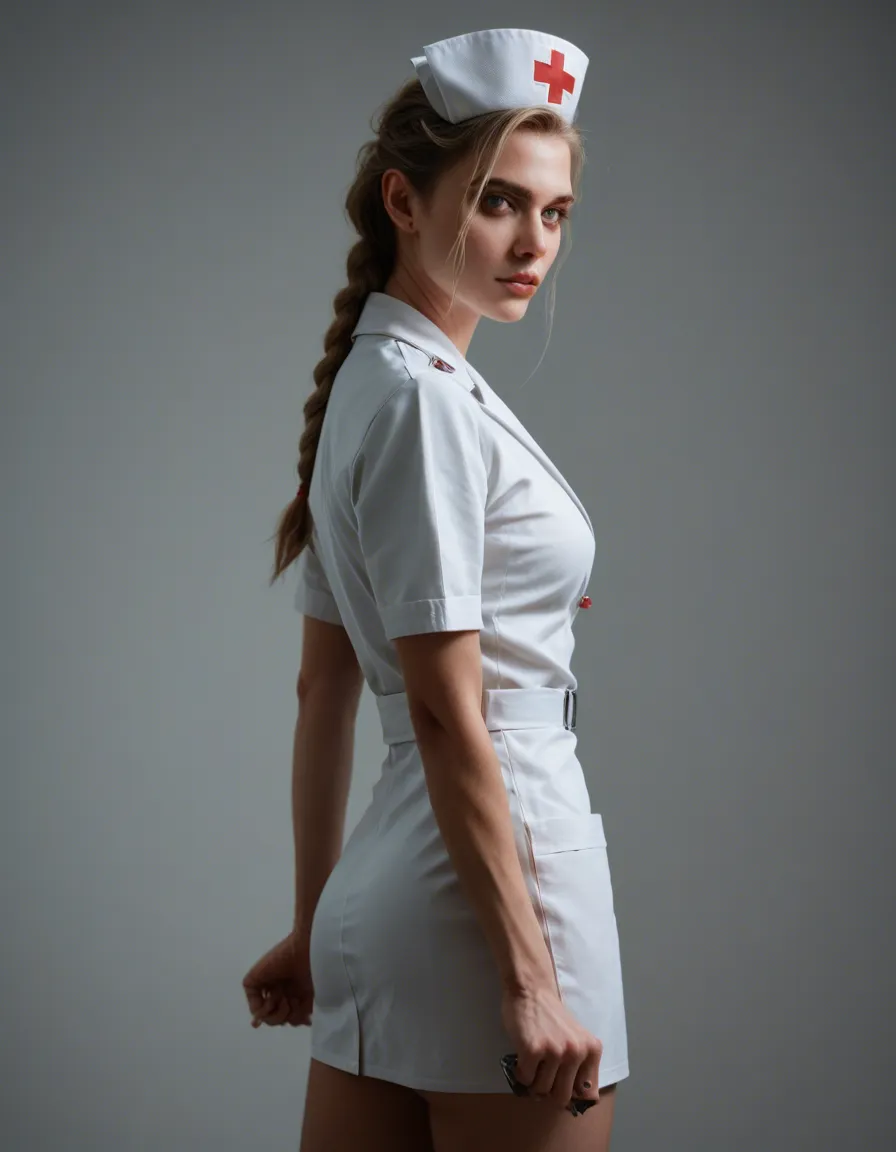 RAW photo, ultra realistic, nurse, braid, official alternate costume, bondage, cinematic realism, score_9, score_8, candid photo, realistic skin texture, visible skin pores, film grain, depth of field