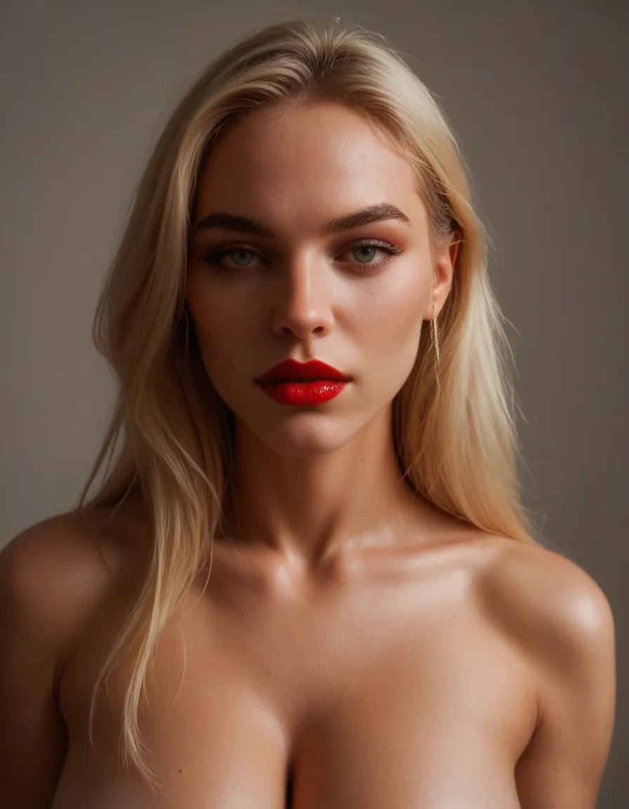 sexy woman in her 30s with blonde hair and wearing red lipstick and big breasts and big butt, score_9, score_8, amateur photo, phone snapshot, realistic skin texture, skin blemishes, soft indoor lighting